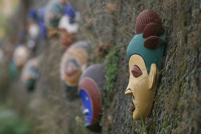 Close-up of masks on wall