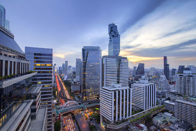 Aerial view of city at sunset