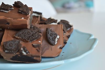 Close-up of chocolate cake in plate