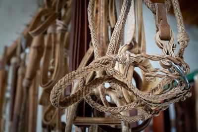 Close-up of rope tied on wooden post