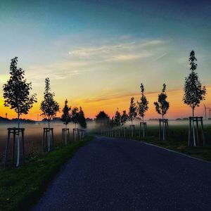 Road by trees against sky during sunset