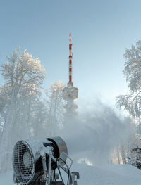 Snowmaking machine in action in ski resort sljeme near zagreb, croatia