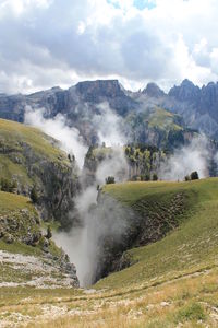 Scenic view of waterfall against sky