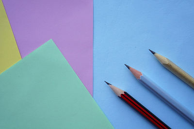 High angle view of colored pencils on table