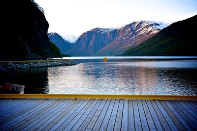 Scenic view of lake and mountains against sky