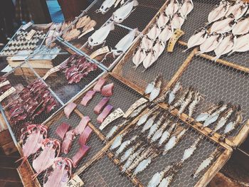 High angle view of fish for sale at market stall