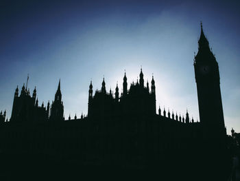 Low angle view of silhouette buildings against clear sky