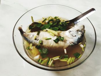 High angle view of food in bowl on table