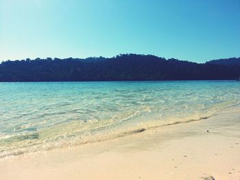 Scenic view of sea against clear blue sky