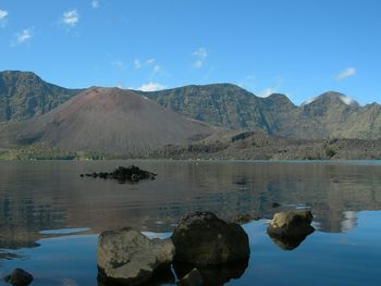 Scenic view of lake and mountains against sky