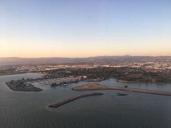 High angle view of city at riverbank