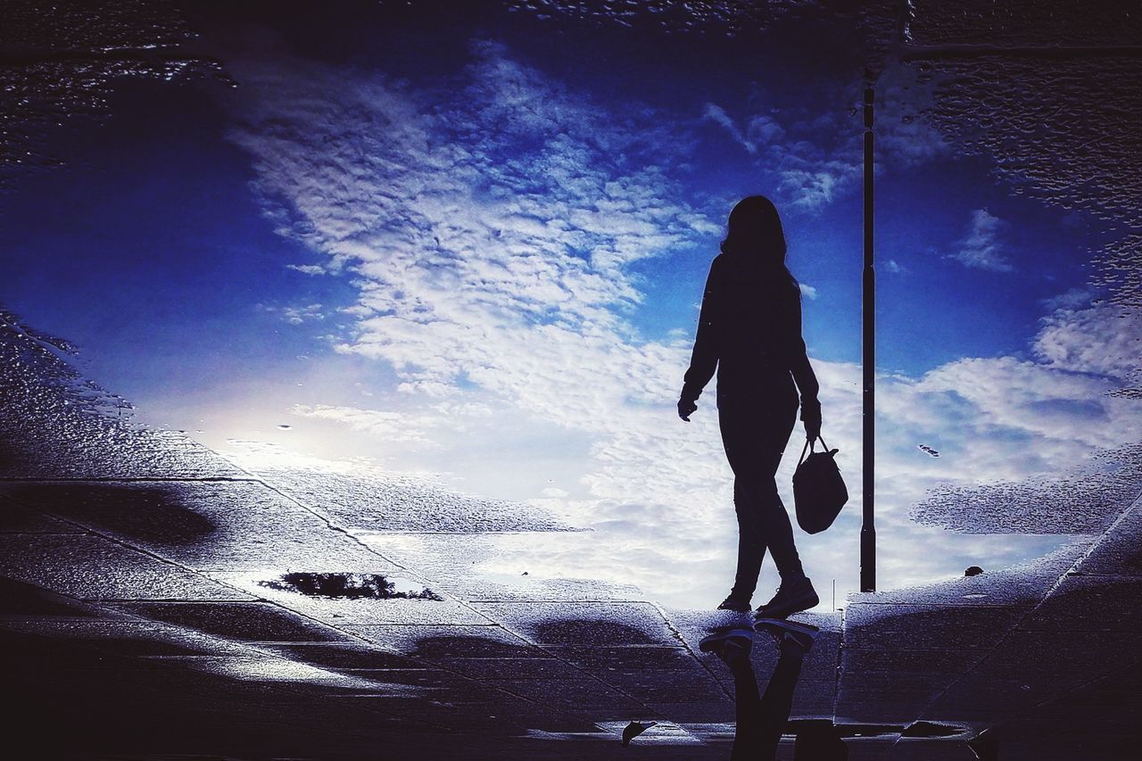 SILHOUETTE WOMAN WALKING BY SEA AGAINST SKY
