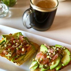 High angle view of breakfast served on table