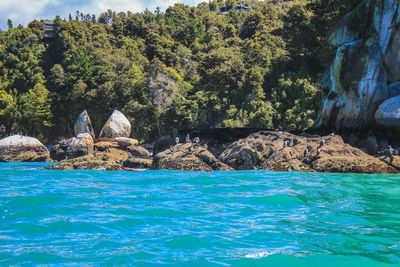 Scenic view of sea against rocks