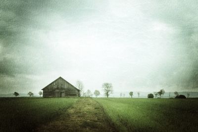 Grassy field against cloudy sky