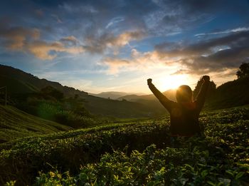 Rear view of person with standing on field against cloudy sky during sunset