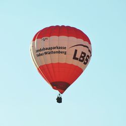 Low angle view of hot air balloon against clear sky