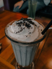 High angle view of ice cream in glass on table