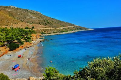 Scenic view of sea against clear blue sky