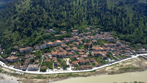 High angle view of buildings and trees in city