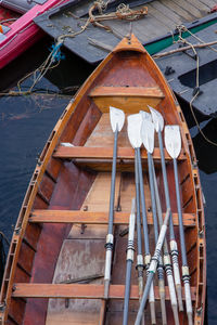 High angle view of fishing boats moored in sea