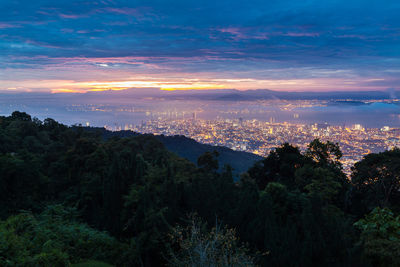 High angle view of cityscape against sky at sunset