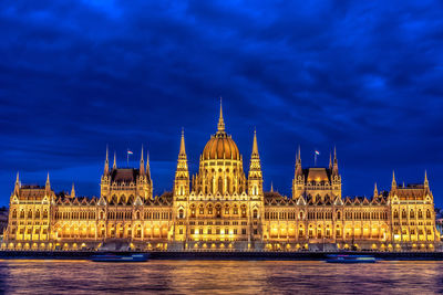 Illuminated hungarian parliament building by danube river in city at dusk