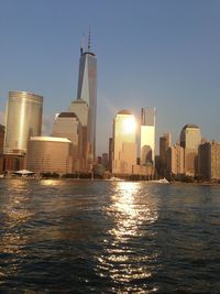 City skyline at sunset