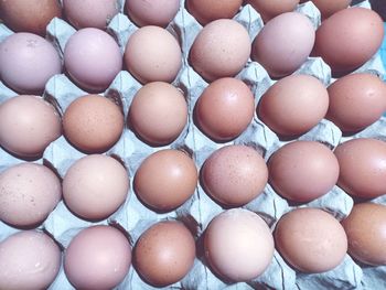 Full frame shot of raw chicken eggs in carton