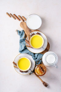 High angle view of breakfast on table