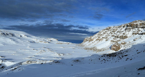 Scenic view of snowcapped mountains against sky