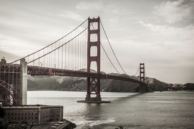 View of suspension bridge against cloudy sky