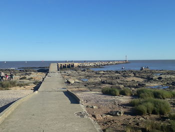 Scenic view of beach against clear blue sky