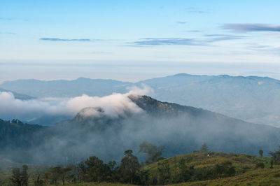 View of mountain range against cloudy sky