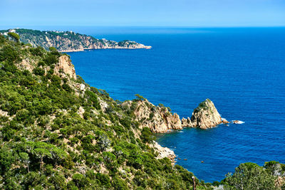 Panoramic view of sea against clear blue sky