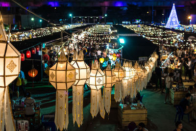 High angle view of christmas lanterns and lights on street market