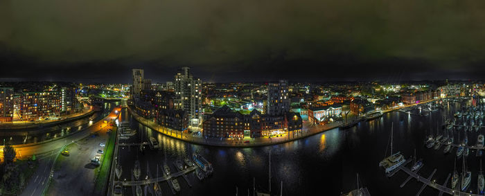 An aerial photo of the wet dock in ipswich, suffolk, uk at night