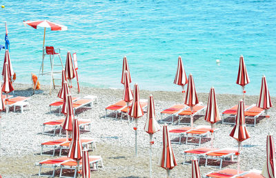 High angle view of people working on sea