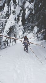 Person walking on snow covered land