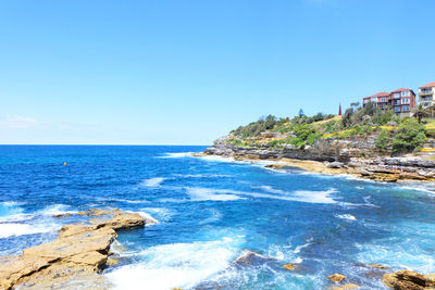 Scenic view of sea against clear blue sky