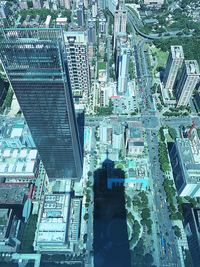 High angle view of modern buildings in city