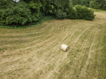High angle view of hay bale on agricultural field