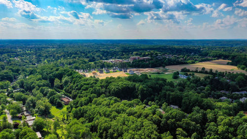 High angle view of trees on landscape against sky