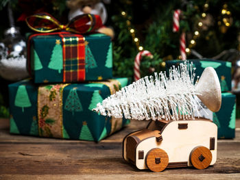 Close-up of christmas decoration on table