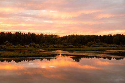 Reflection of trees in lake against sky during sunset