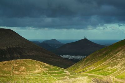 Scenic view of mountains against cloudy sky