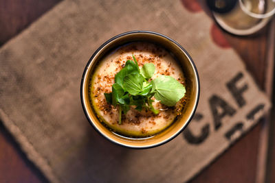 High angle view of soup in bowl on table