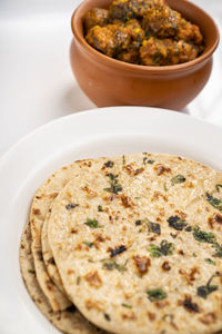 High angle view of meal served on table