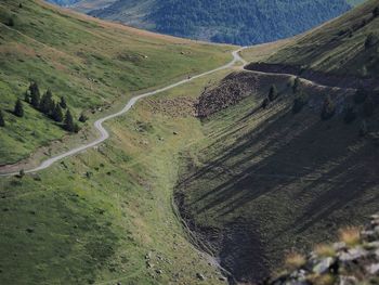 High angle view of winding road on land