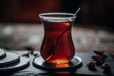 Close-up of drink in glass on table